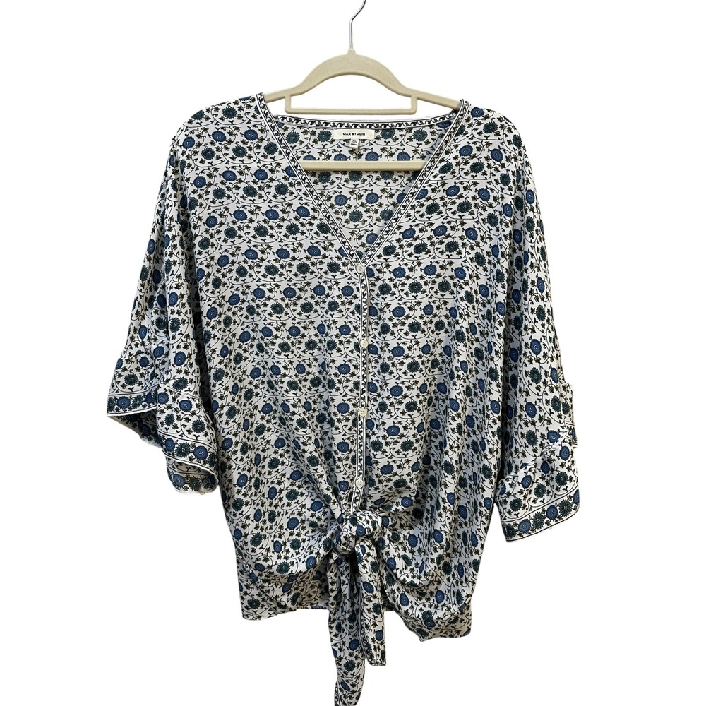 Max Studio Womens 2XL Blue Floral Tie Front Blouse V-Neck Dolman Sleeve Top